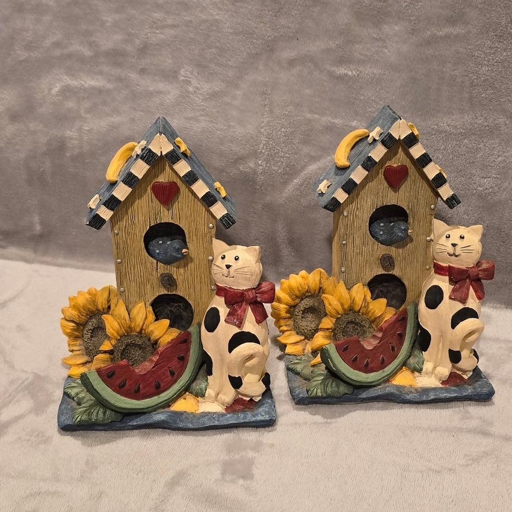 Vintage 1994 Figi Graphics Country Primitive Cat Sunflower Birdhouse Bookends